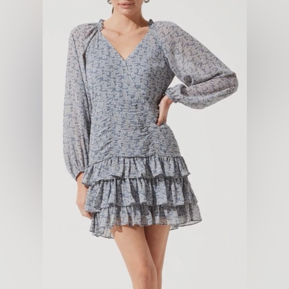 ASTR Blue CHIFFON Long Sleeve TIERED Ruffle FLORAL Mini DRESS